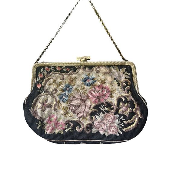 Vintage Petite Point Embroidered Needlepoint Floral Regency Core Petite Point Ha - Picture 2 of 10